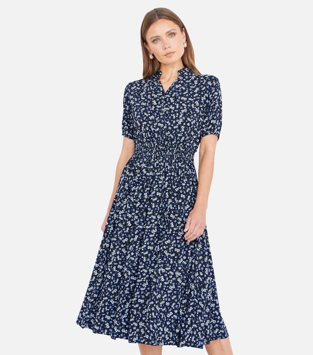 Yumi Women's Navy Ditsy Floral Print Midi Shirt Dress Yumi New Look - 2