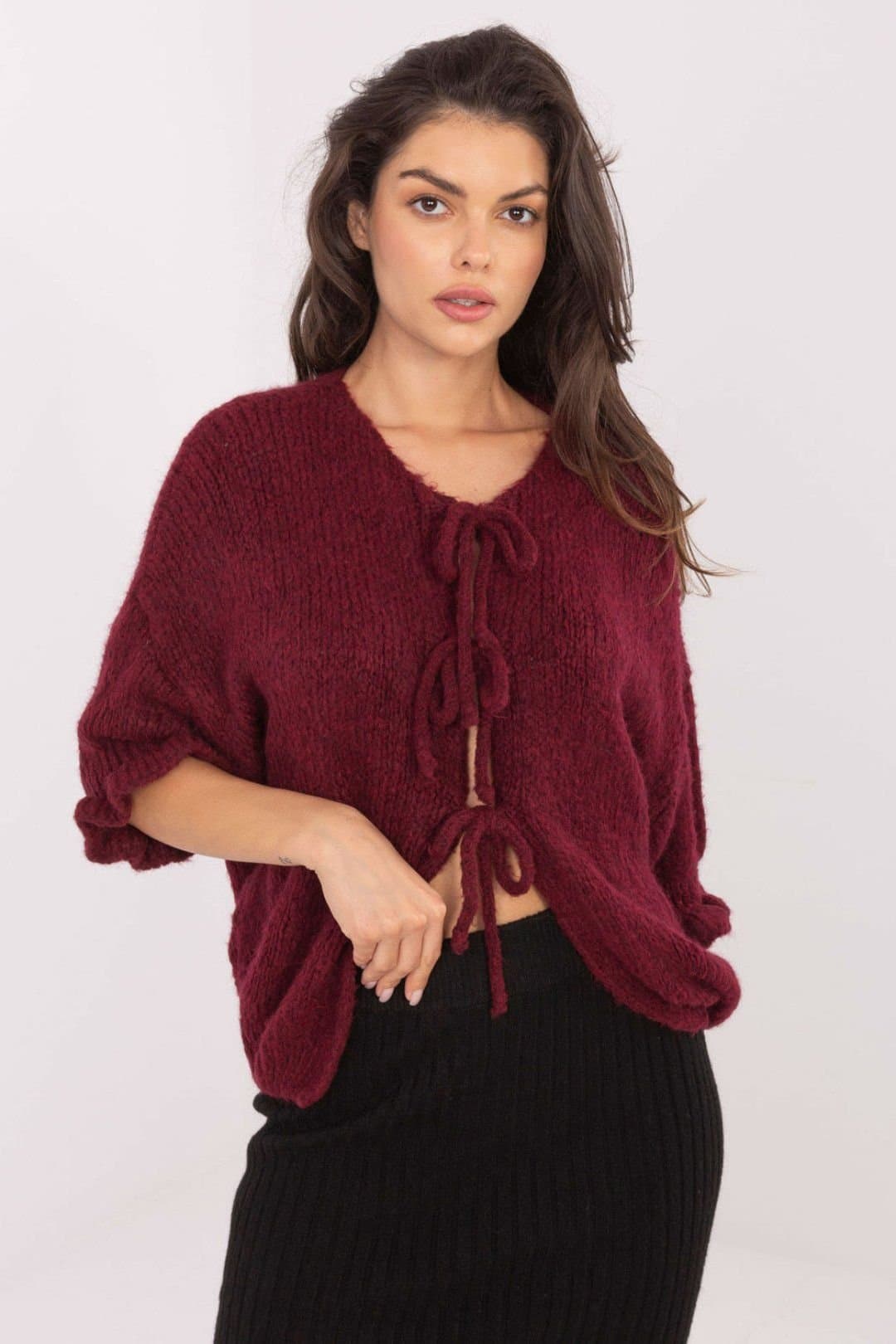 Love Lace Love Lace Women's Acrylic Casual Cardigan with Tie Cords in Burgundy