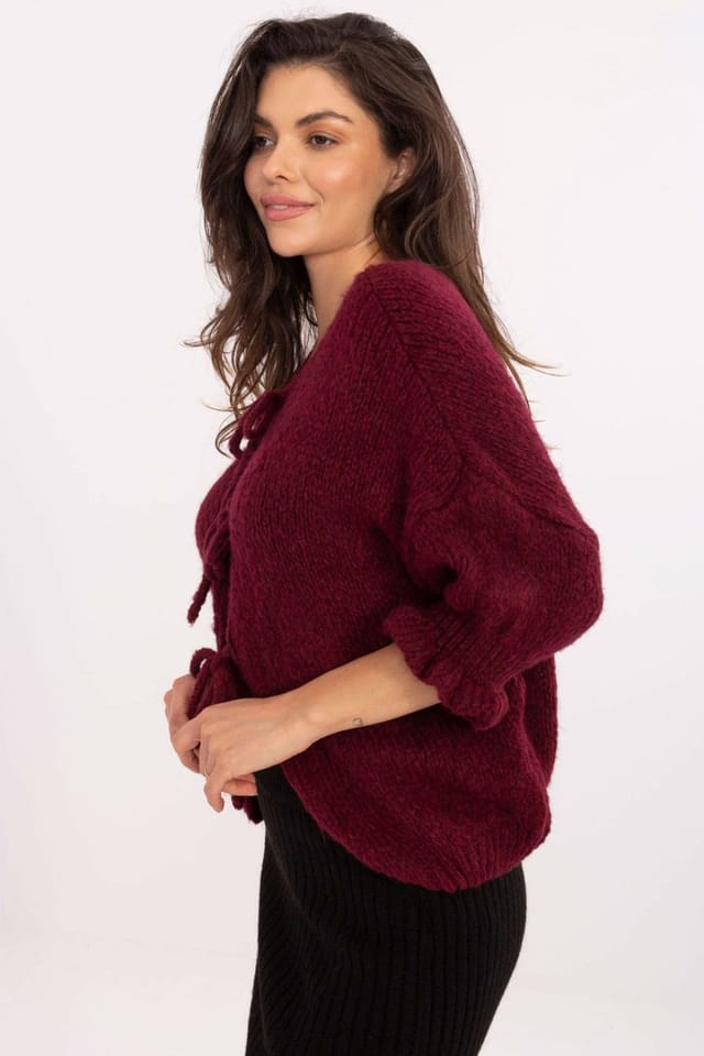 Love Lace Love Lace Women's Acrylic Casual Cardigan with Tie Cords in Burgundy - 2