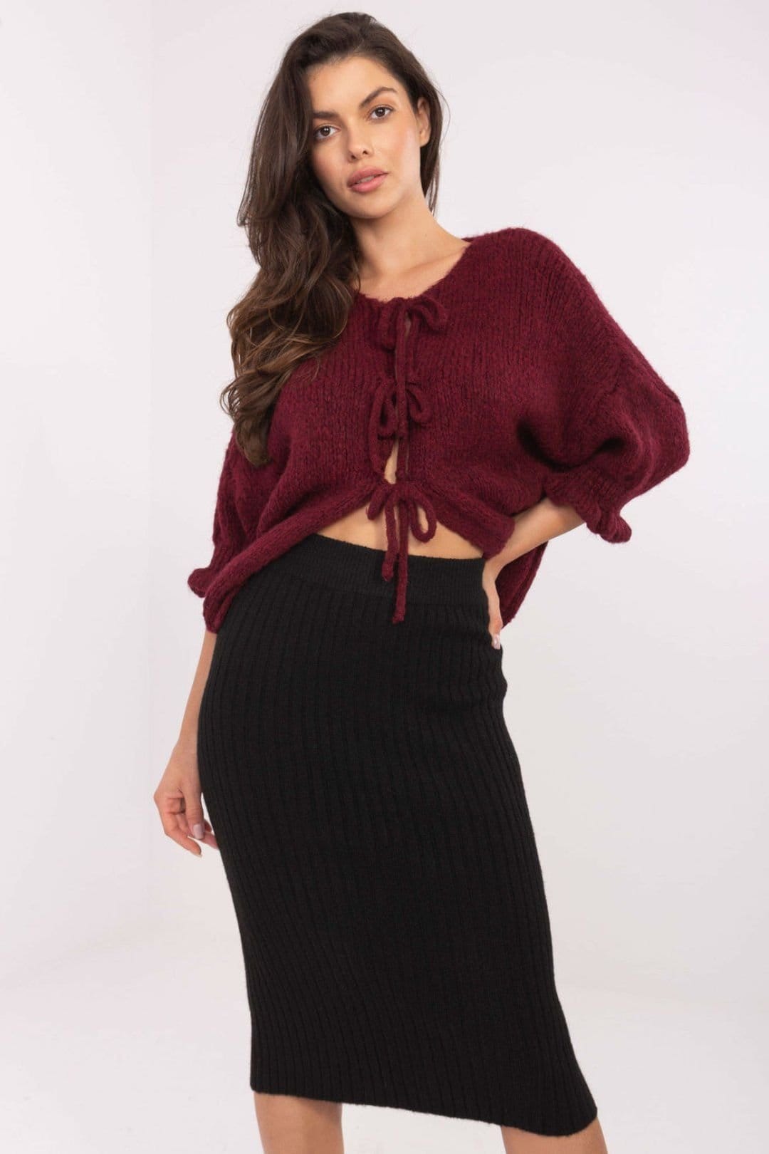 Love Lace Love Lace Women's Acrylic Casual Cardigan with Tie Cords in Burgundy - 4