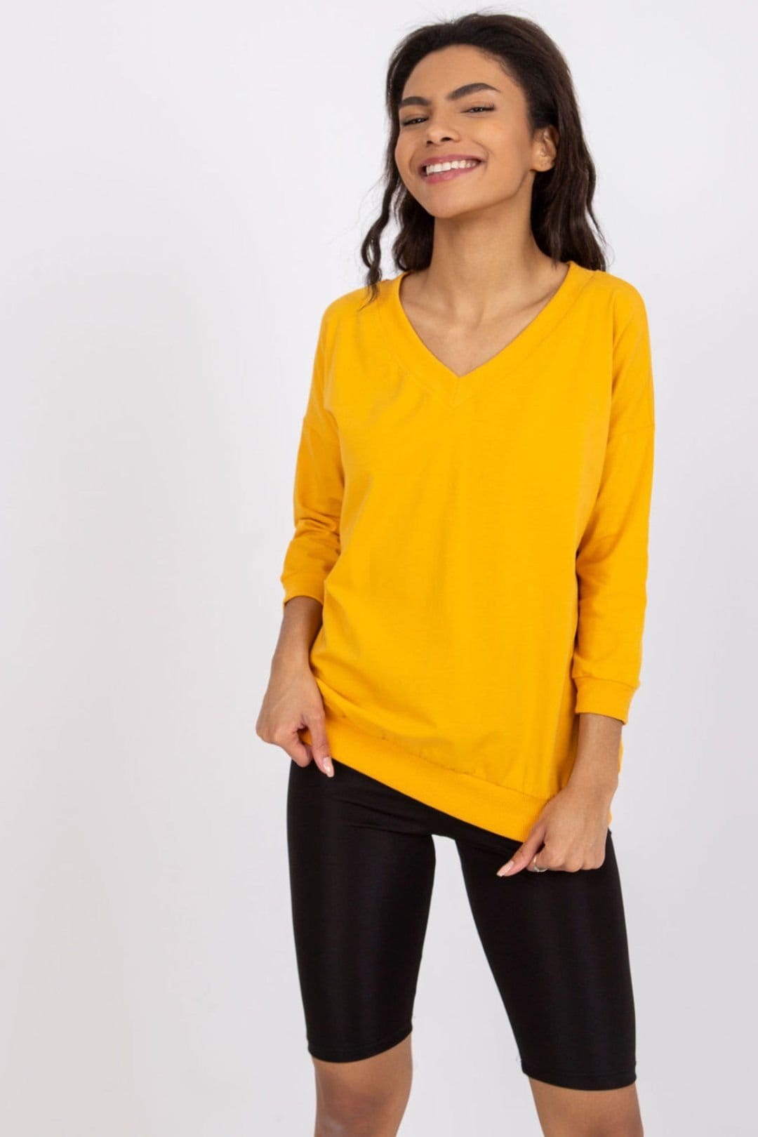 Love Lace Yellow Ribbed Cuff V Neck 3/4 Sleeve Blouse
