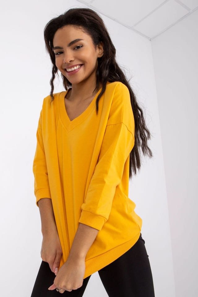 Love Lace Love Lace Women's Ribbed Cuff V Neck 3/4 Sleeve Blouse Style 162859 in Yellow - 2