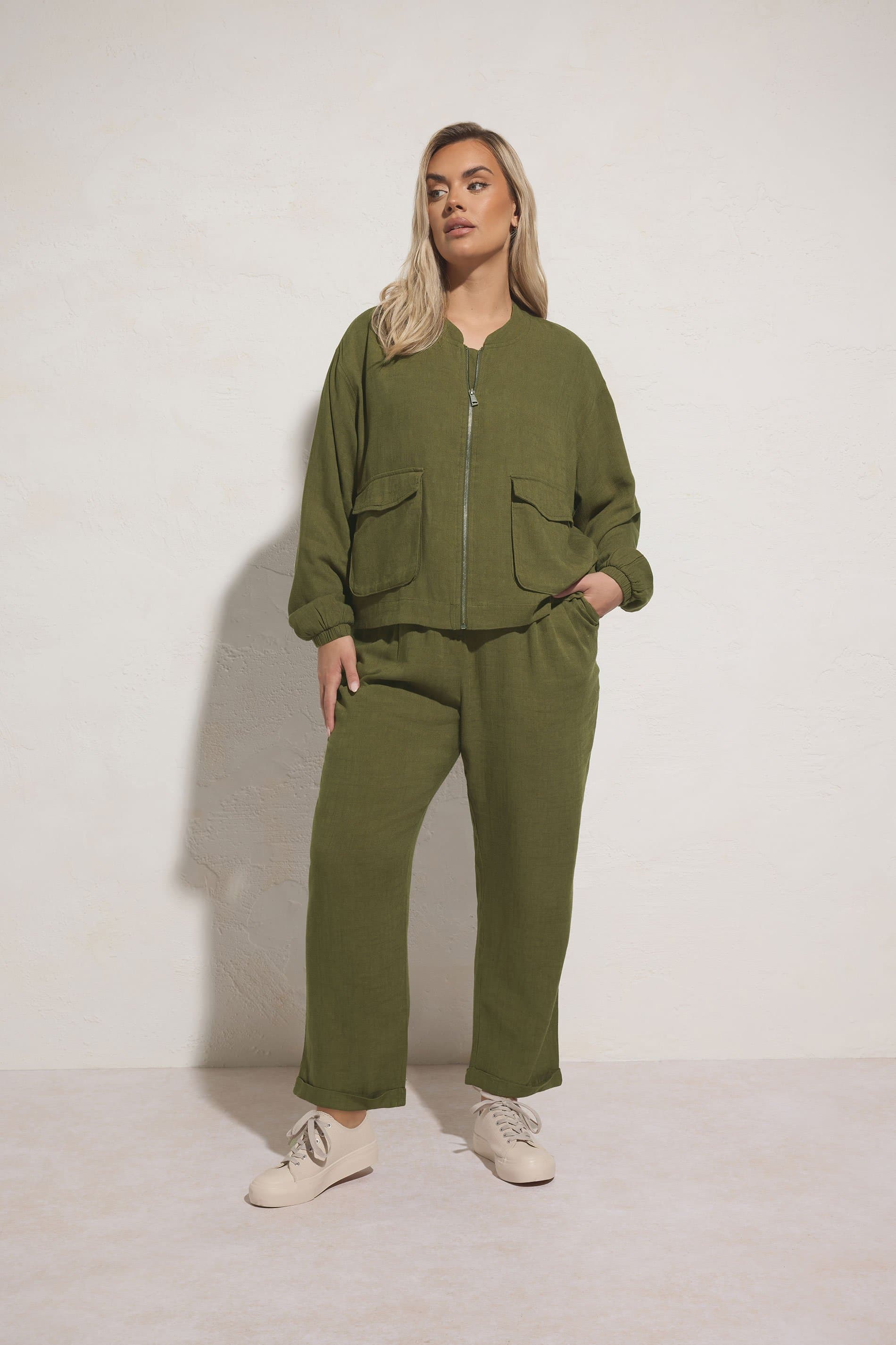Yours Plus Size Khaki Green Formal Linen Trousers