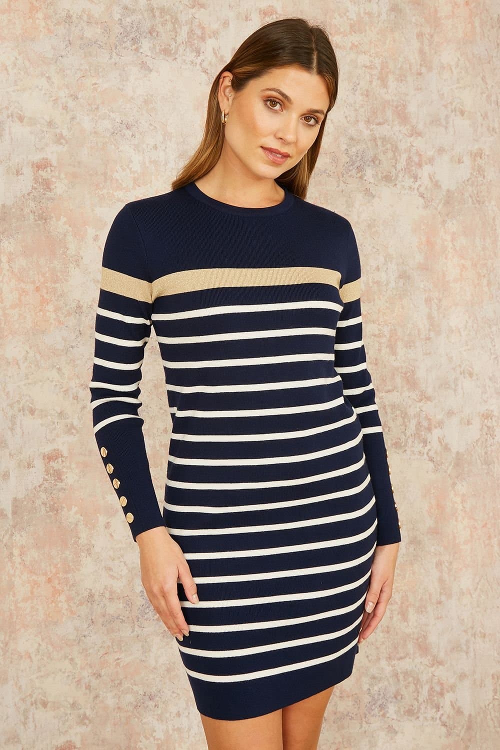 Yumi Yumi Women's Navy Striped Knitted Dress With Button Cuff Detail