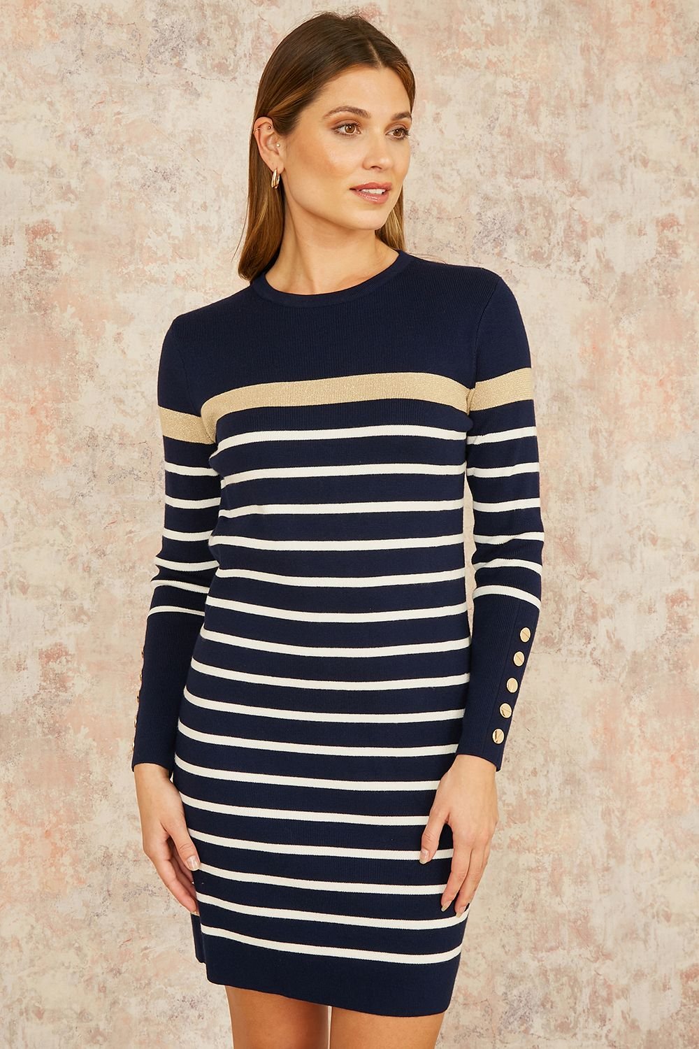 Yumi Yumi Women's Navy Striped Knitted Dress With Button Cuff Detail - 2