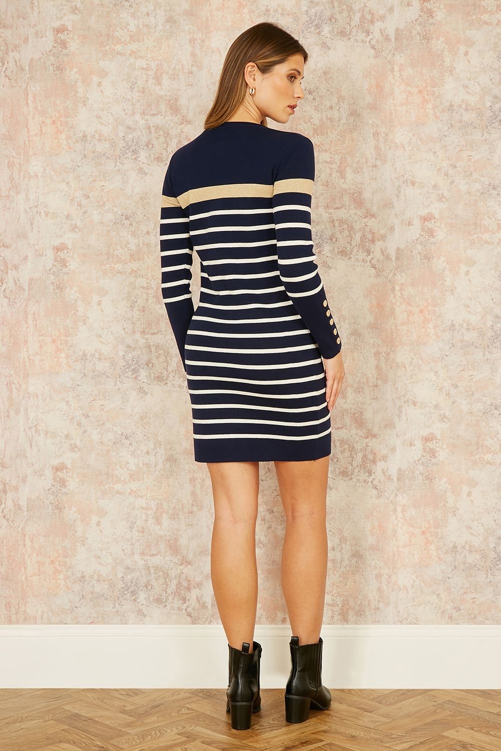 Yumi Yumi Women's Navy Striped Knitted Dress With Button Cuff Detail - 4