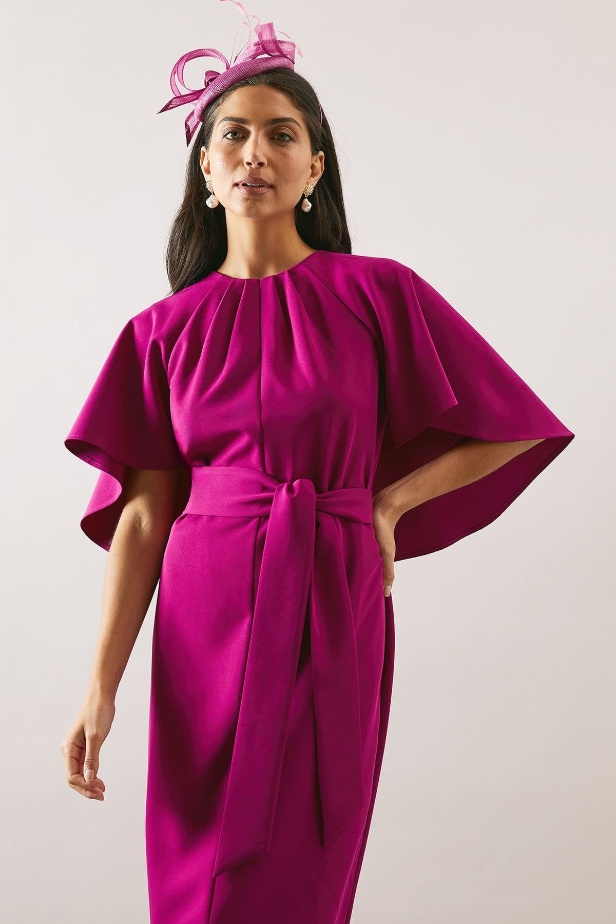 Wallis Wallis Women's Woven Cape Belted Pencil Dress in Wine - 4