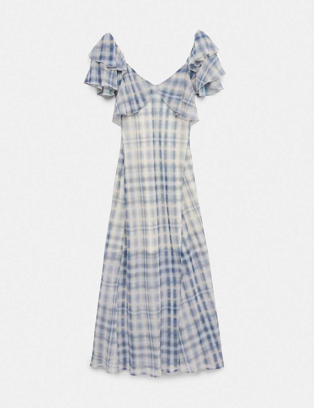 M&S Checked Frill Sleeve Maxi Column Dress Ivory Mix