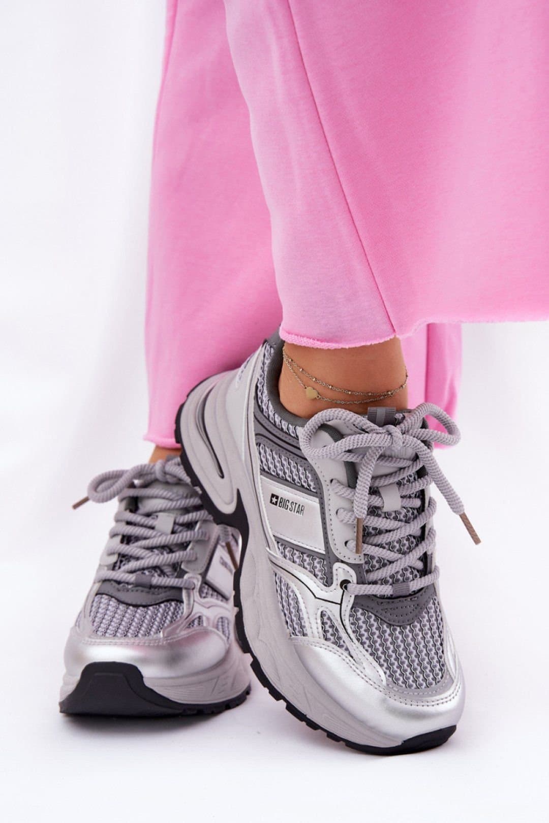 Love Lace Love Lace Women's Big Star Sport Sneakers Chunky Sole Textile Comfort in Grey