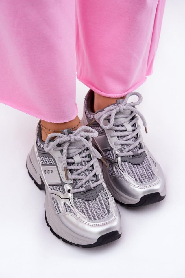 Love Lace Love Lace Women's Big Star Sport Sneakers Chunky Sole Textile Comfort in Grey - 3