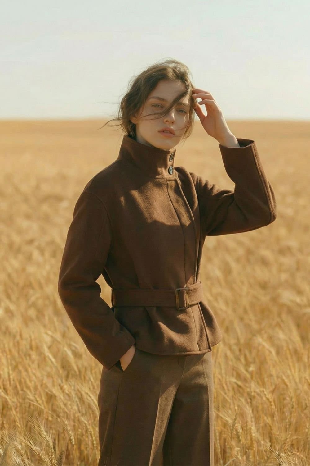 OUTTA BOX OUTTA BOX Women's Belted Stand Collar Long Sleeve Wool Blend Coat in Chocolate