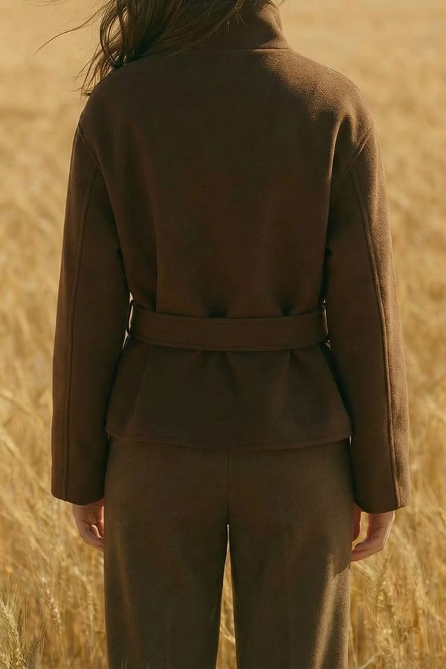 OUTTA BOX OUTTA BOX Women's Belted Stand Collar Long Sleeve Wool Blend Coat in Chocolate - 2