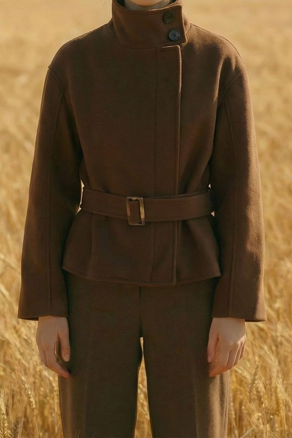 OUTTA BOX OUTTA BOX Women's Belted Stand Collar Long Sleeve Wool Blend Coat in Chocolate - 4