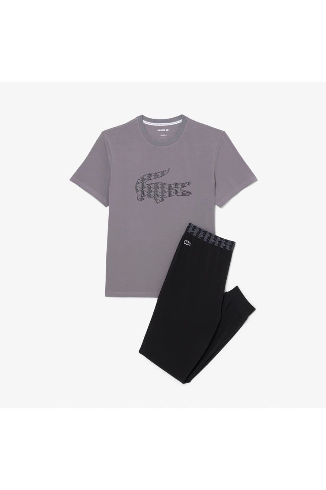 Lacoste Lacoste Men's Monogram Print Jersey Pyjama Set Grey/Black