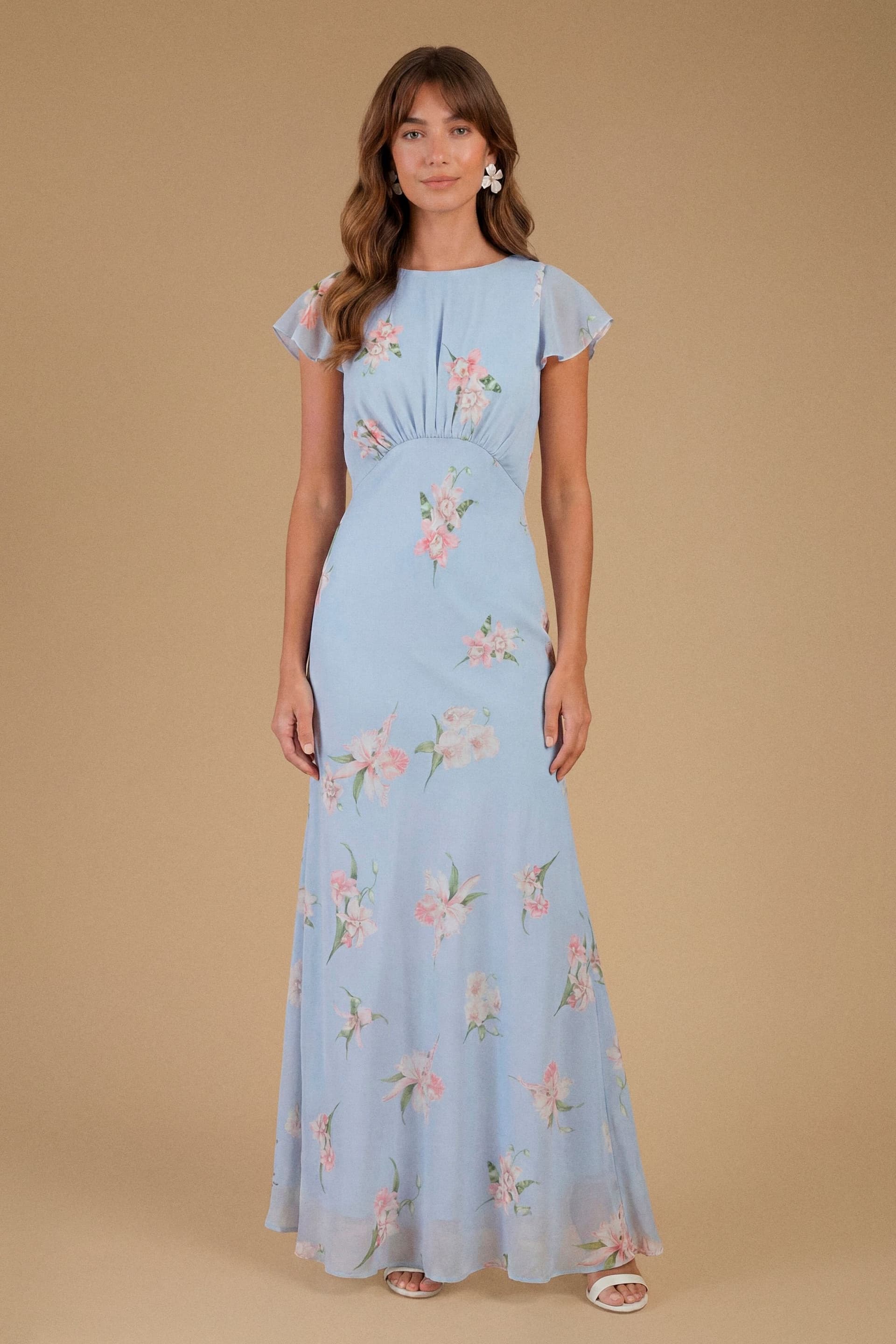 Oasis Oasis Women's Orchid Floral Printed Waterfall Maxi Dress in Pale Blue