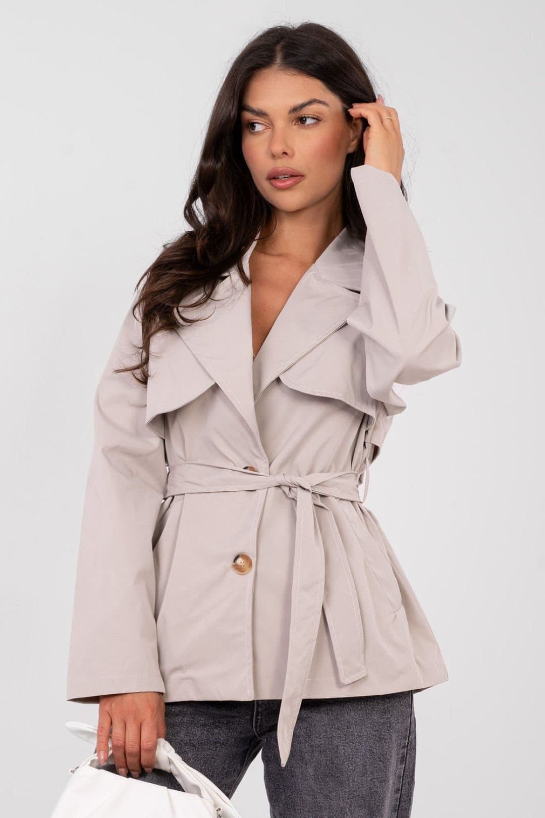 Love Lace Love Lace Women's Transitional Casual Trench Coat with Belt Pockets in Beige