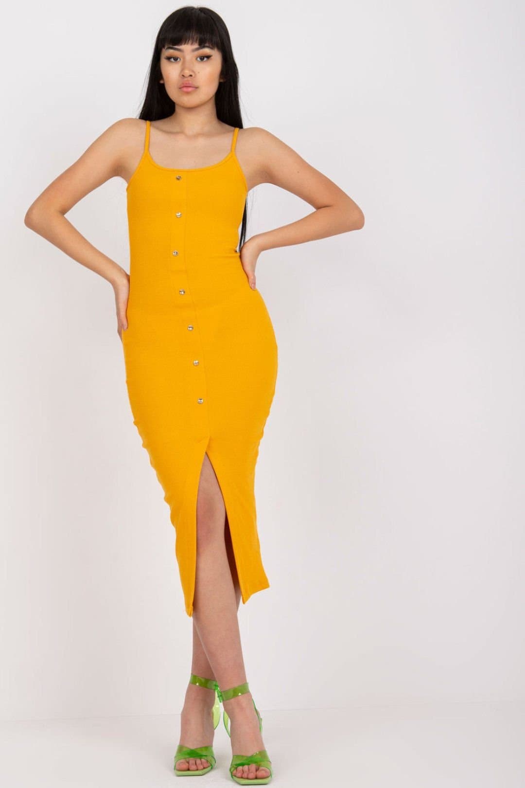 Love Lace Love Lace Women's Ribbed Summer Strappy Pencil Dress with Buttons in Mustard