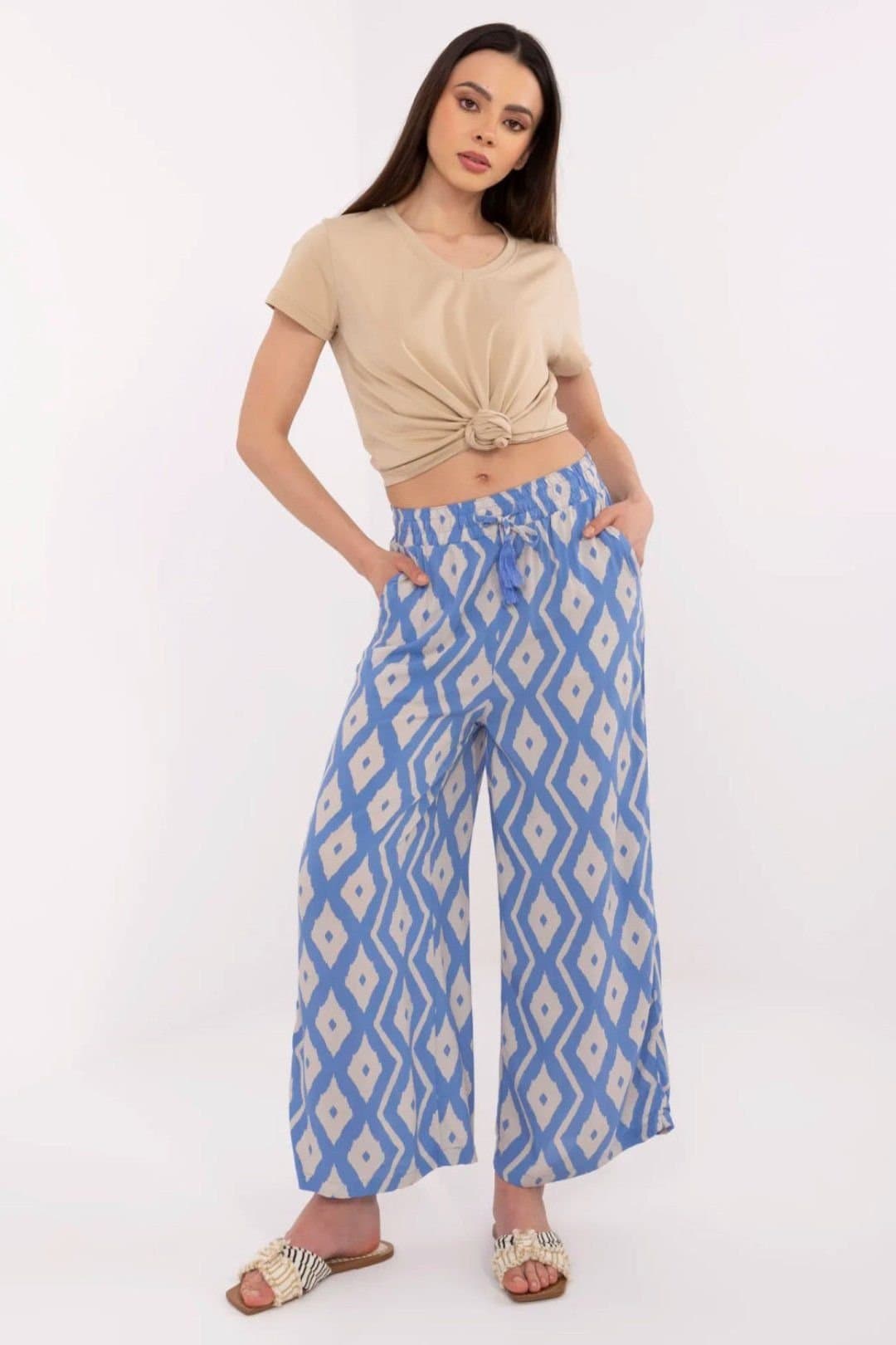 Love Lace Love Lace Women's Breathable Viscose Tie Waist Wide Leg Trousers in Blue