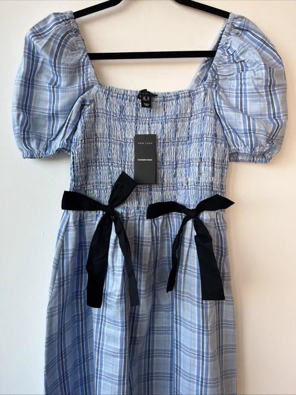 New Look New look - checked shirred bow dress - size 10 - blue