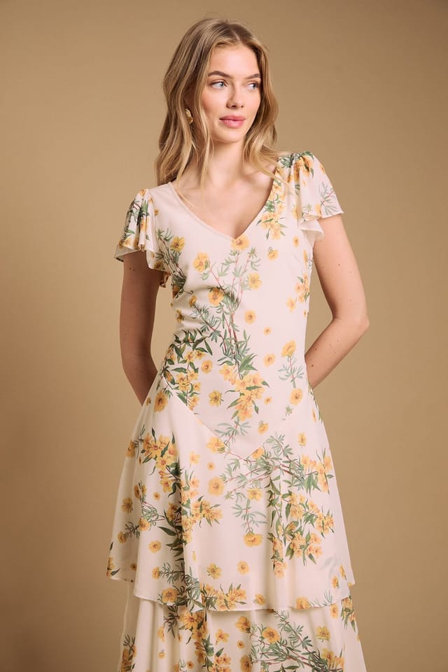 Oasis Oasis Women's Floral Printed Chiffon Ruffle Tiered Maxi Dress in Ivory - 2