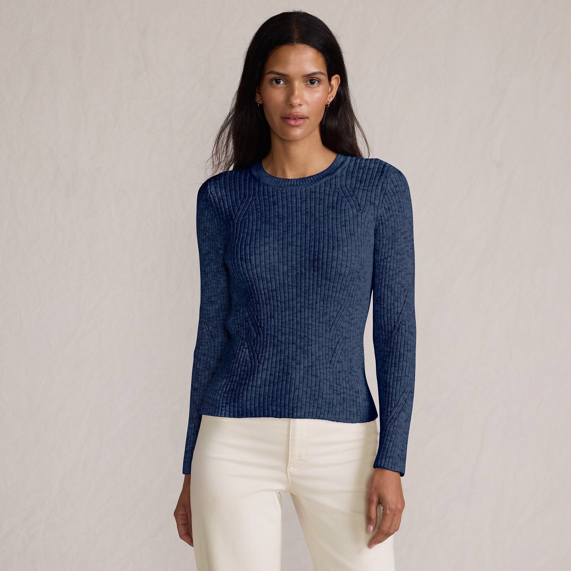 lands end Lands' End Women's Ribbed Cotton Blend Sweater in Navy - 2