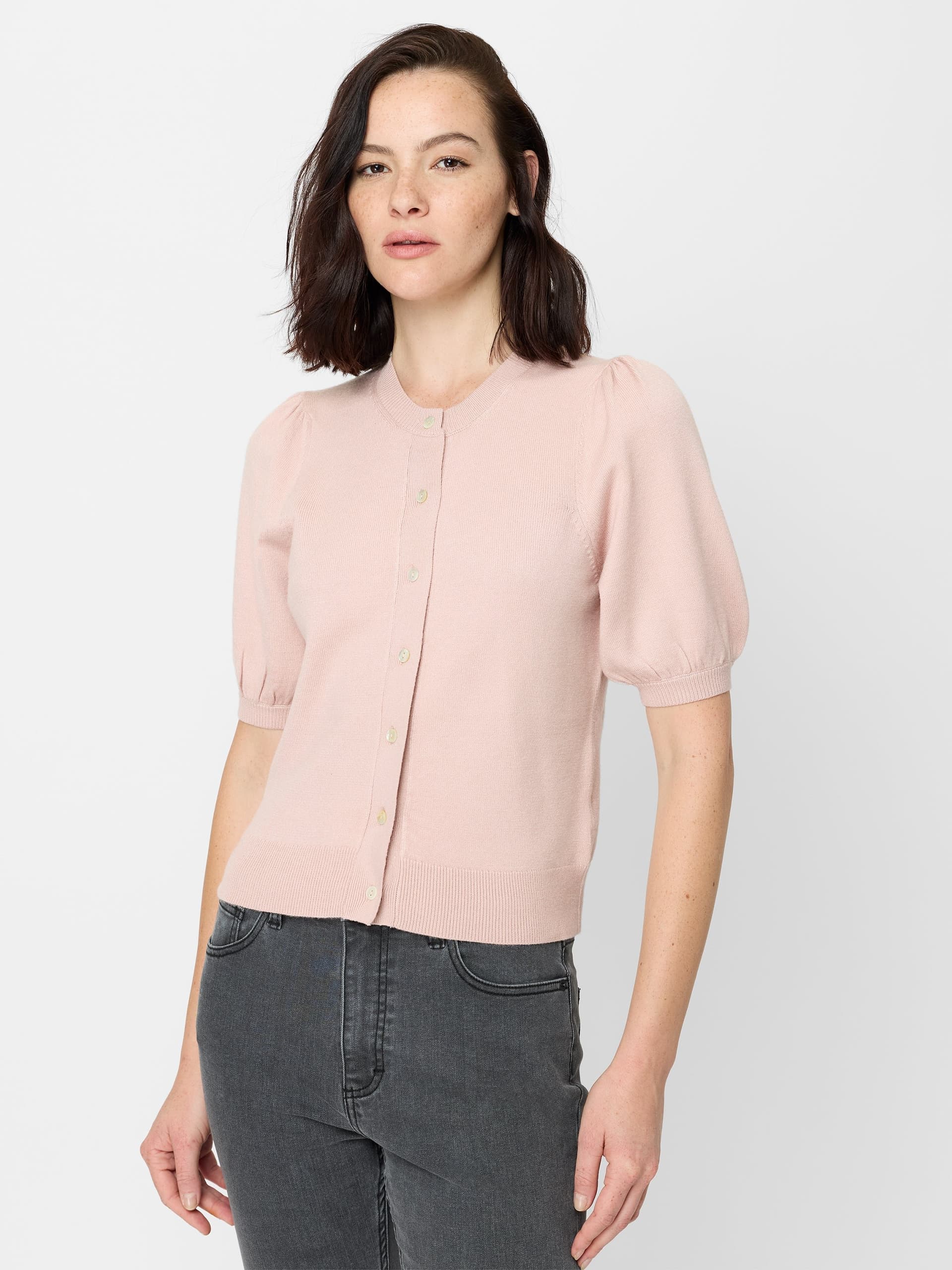 French Connection Cosy Pink Puff Sleeve Knit Cardigan Powder Pink