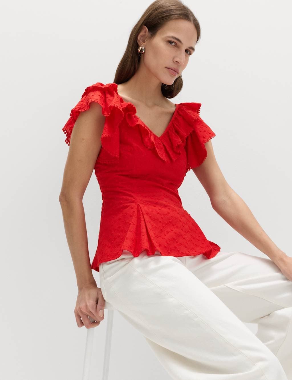 Marks & Spencer M&S Rouge Cotton Frill V-Neck Fitted Top
