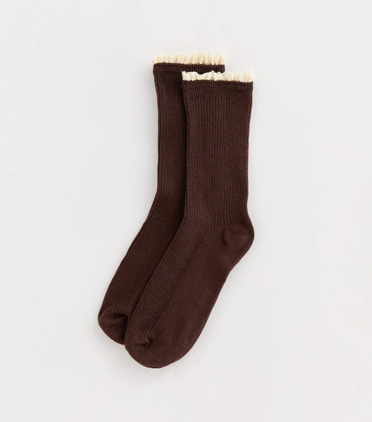 New Look New Look Dark Brown Ribbed Crochet Frill Ankle Socks