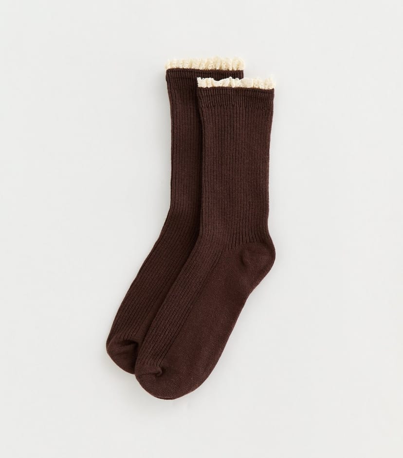 New Look Dark Brown Ribbed Crochet Frill Ankle Socks New Look - 1