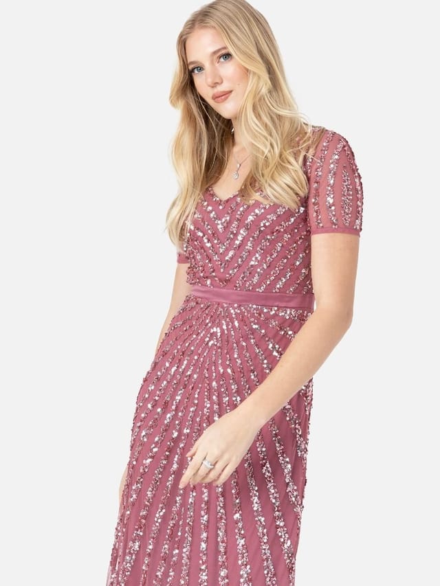 Maya Deluxe Maya Deluxe Women's Short Sleeve Stripe Embellished Maxi Dress in Rose - 2