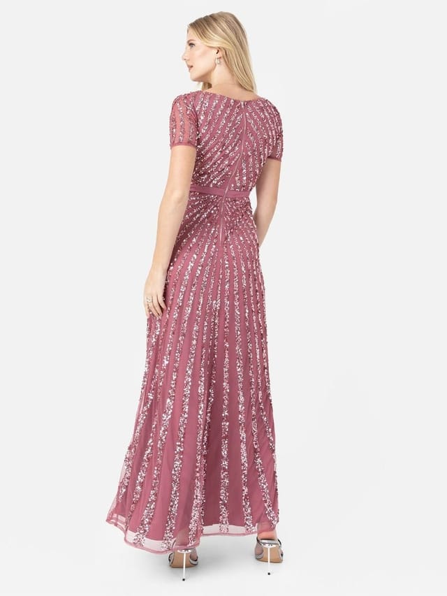 Maya Deluxe Maya Deluxe Women's Short Sleeve Stripe Embellished Maxi Dress in Rose - 3