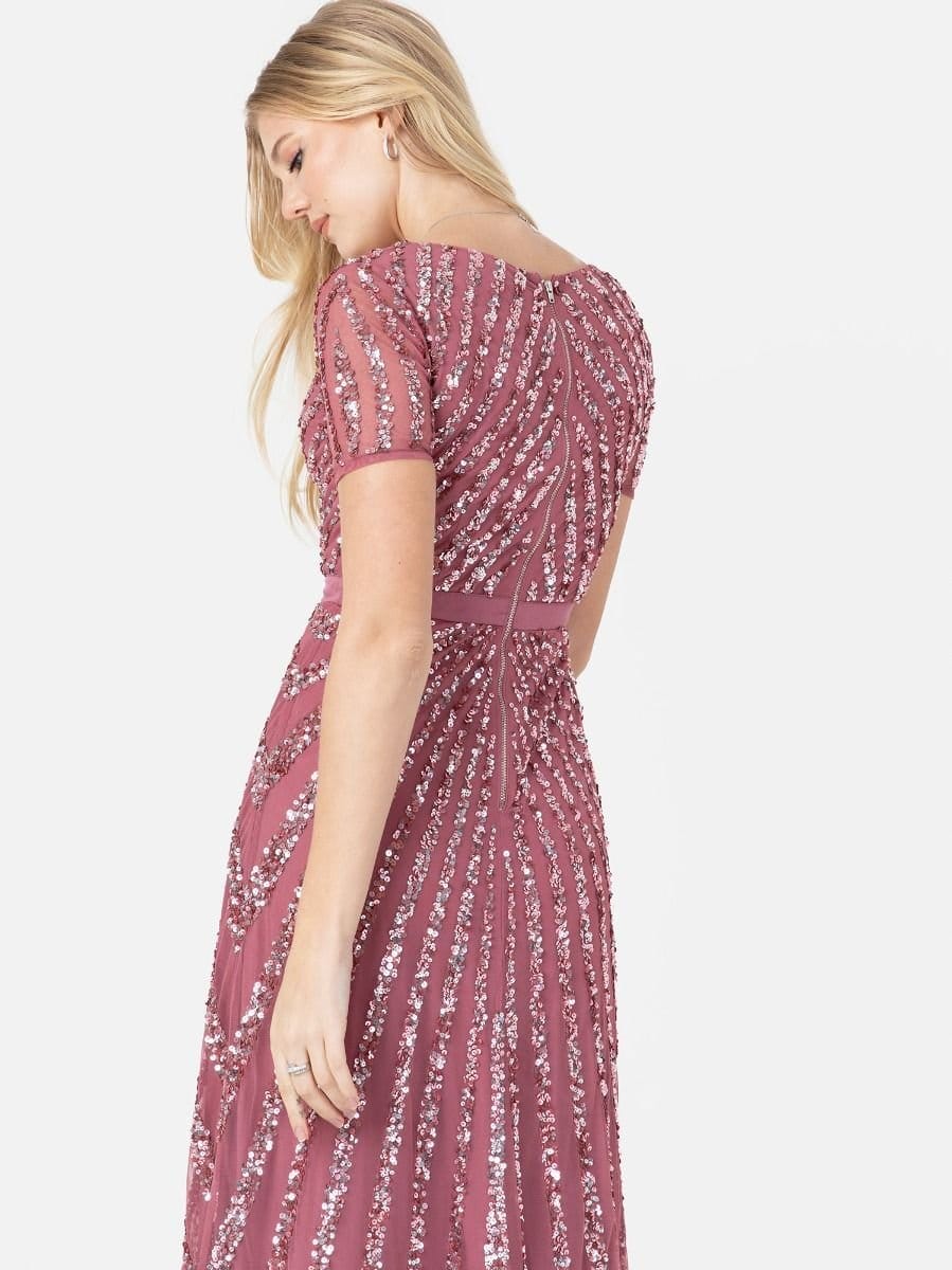 Maya Deluxe Maya Deluxe Women's Short Sleeve Stripe Embellished Maxi Dress in Rose - 4