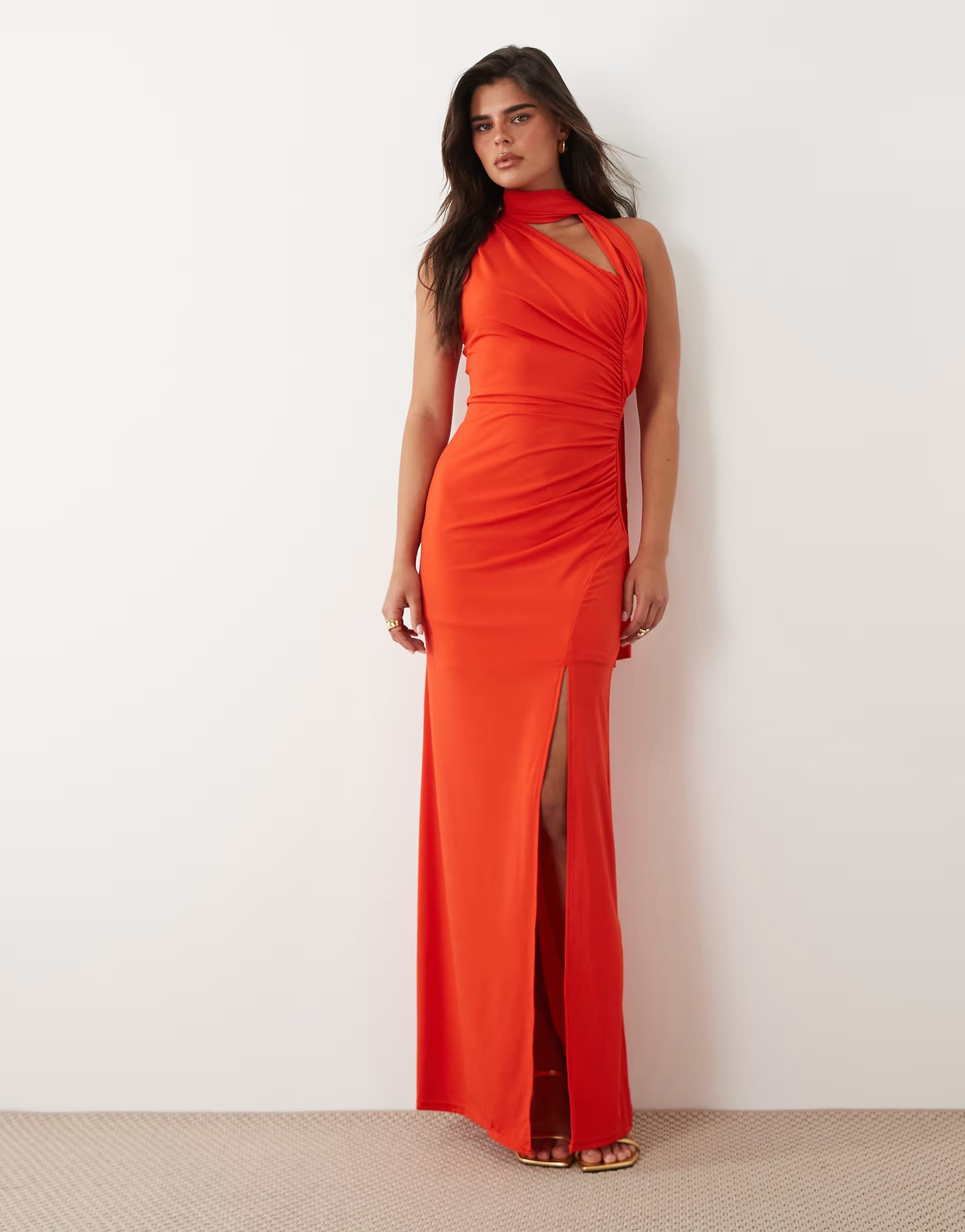 ASOS TFNC slinky one shoulder scarf high slit maxi dress in orange