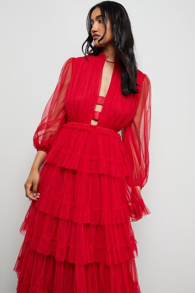 Warehouse Warehouse Women's Ruffle Neck Tulle Maxi Dress in Red - 2