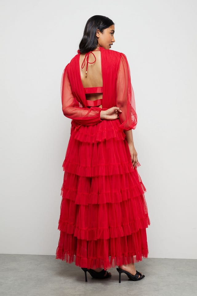 Warehouse Warehouse Women's Ruffle Neck Tulle Maxi Dress in Red - 3