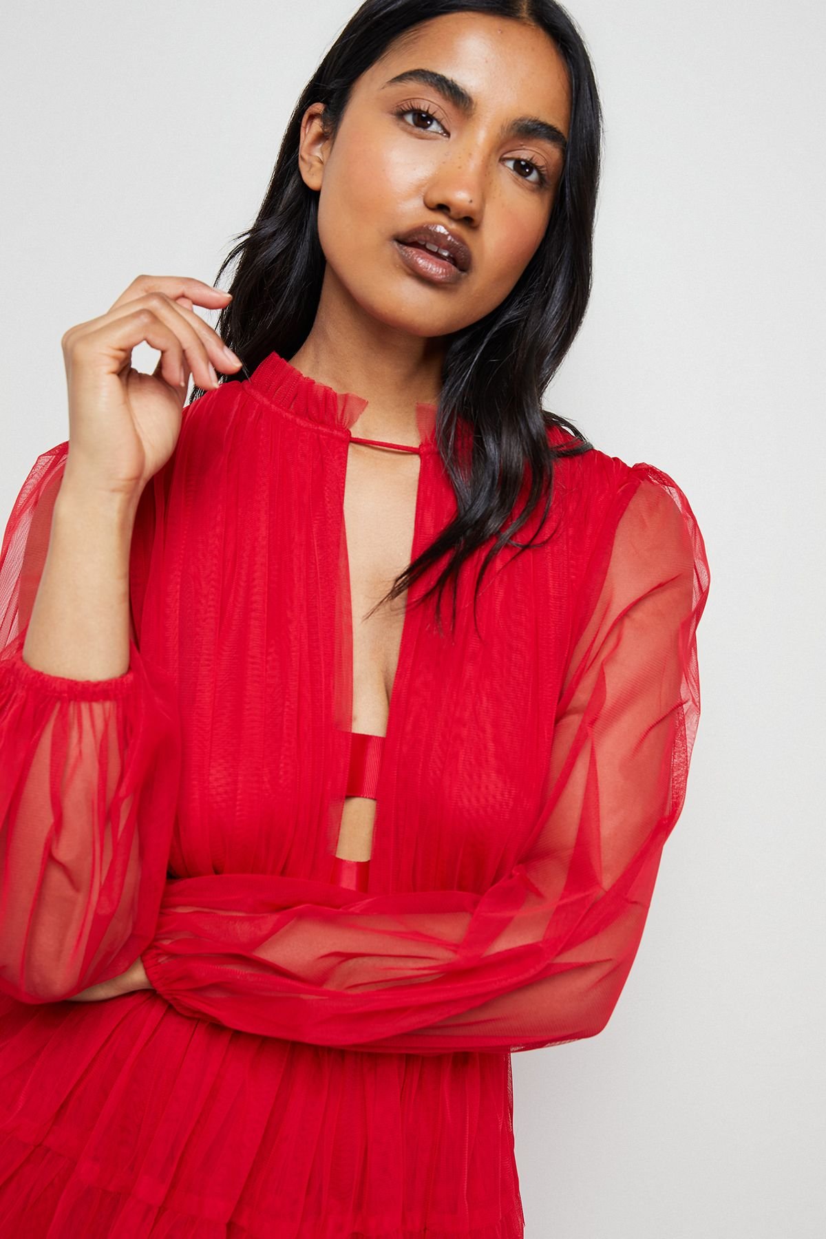 Warehouse Warehouse Women's Ruffle Neck Tulle Maxi Dress in Red - 4