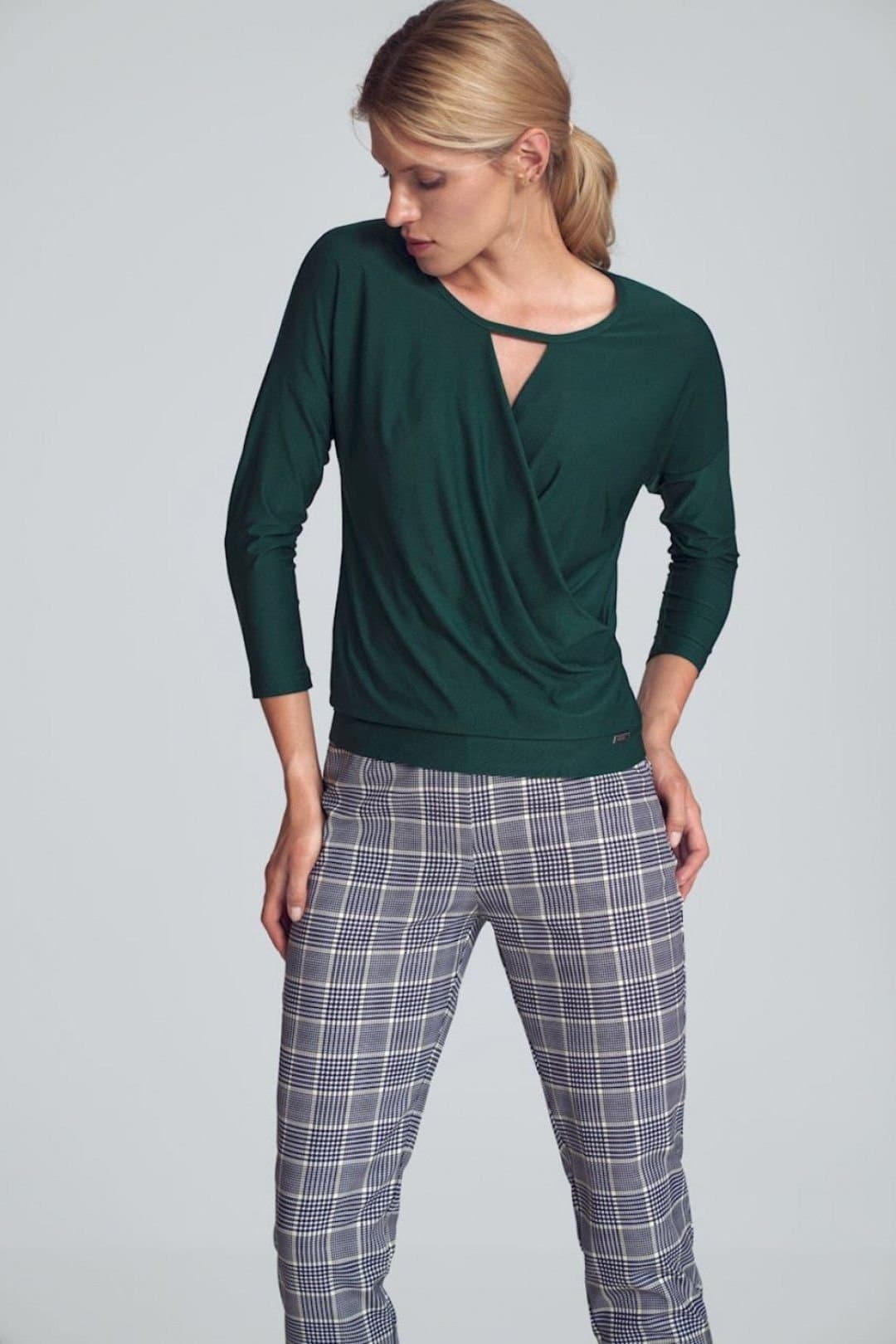 Love Lace Love Lace Women's Elegant Short Envelope Blouse with Piping Style 147911 in Green