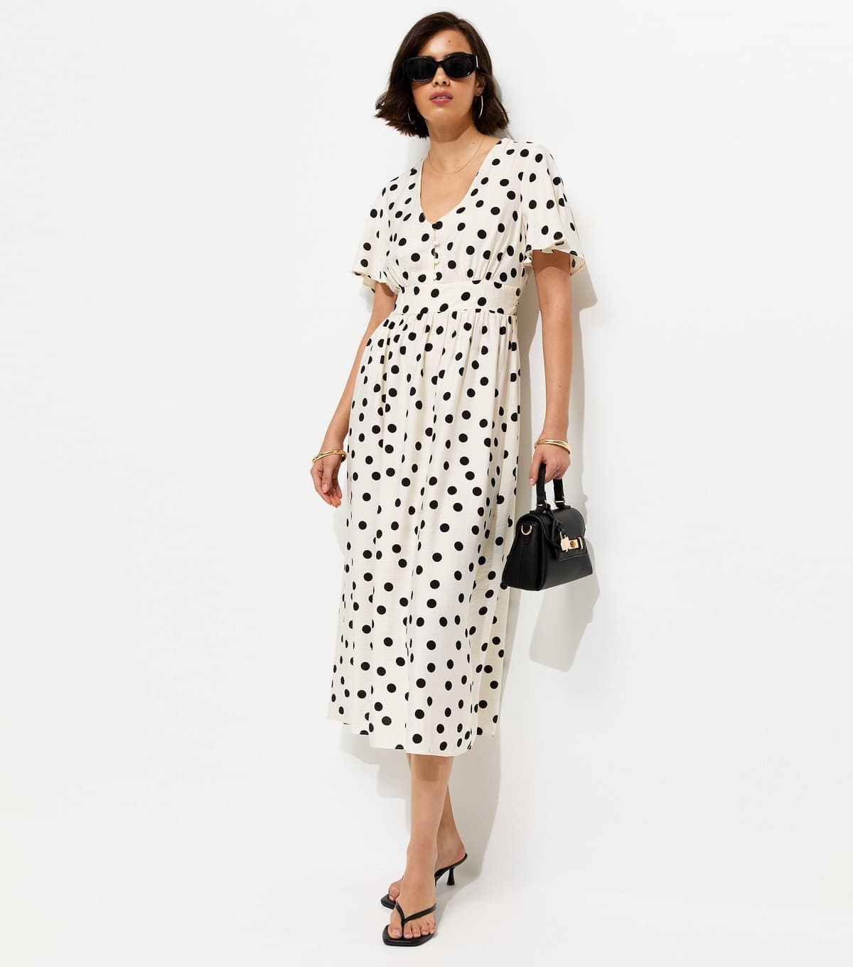 New Look Women's Cream Spot Print Flutter Sleeve Midi Dress New Look