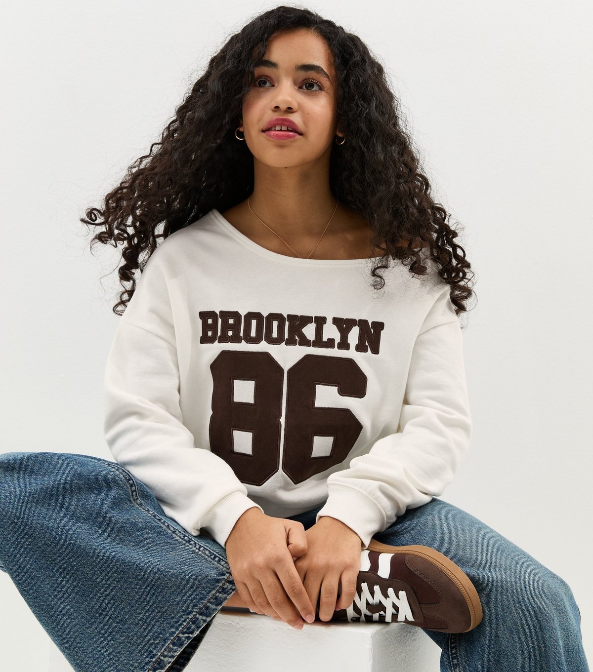 New Look Girls' Off White Brooklyn Logo Off the Shoulder Sweatshirt New Look - 2