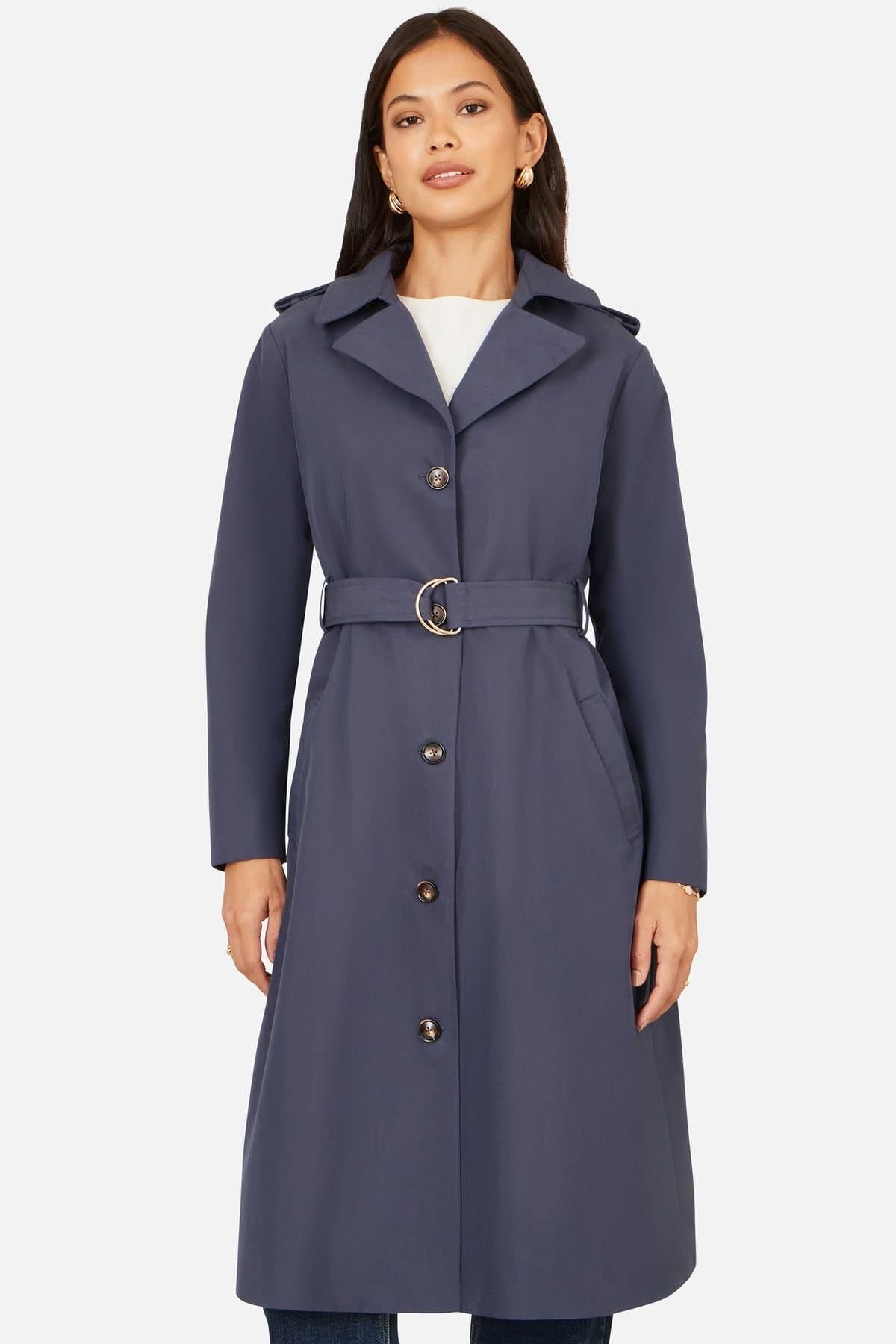Yumi Yumi Women's Navy Belted Long Trench Coat With Belt in Mid Navy