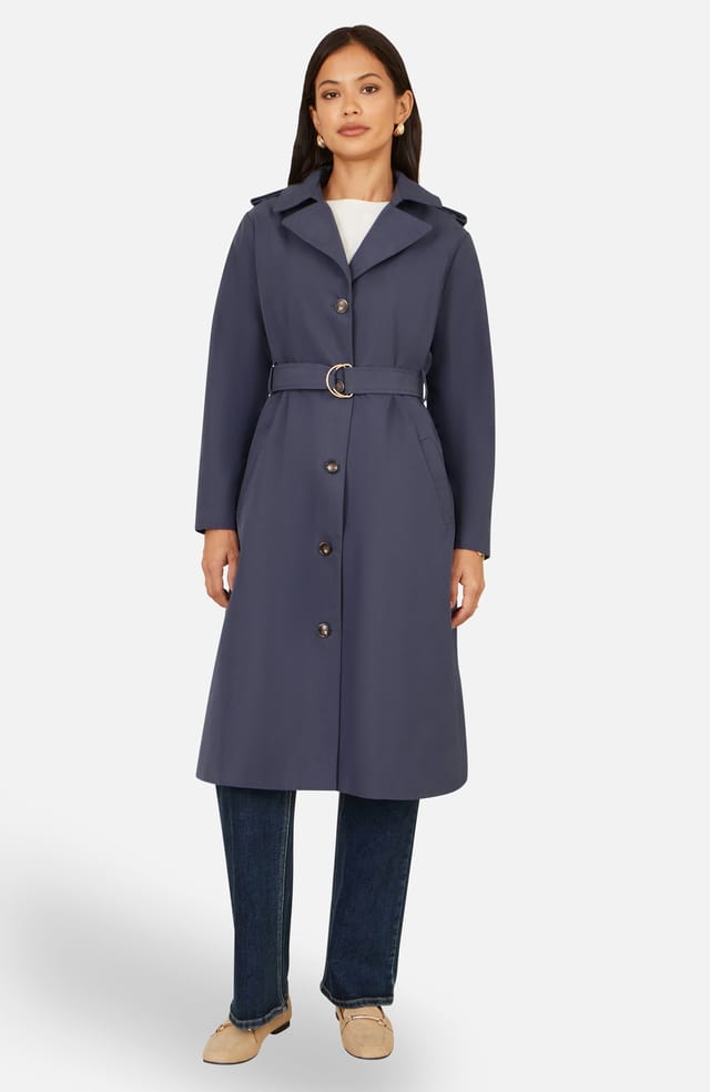 Yumi Yumi Women's Navy Belted Long Trench Coat With Belt in Mid Navy - 2