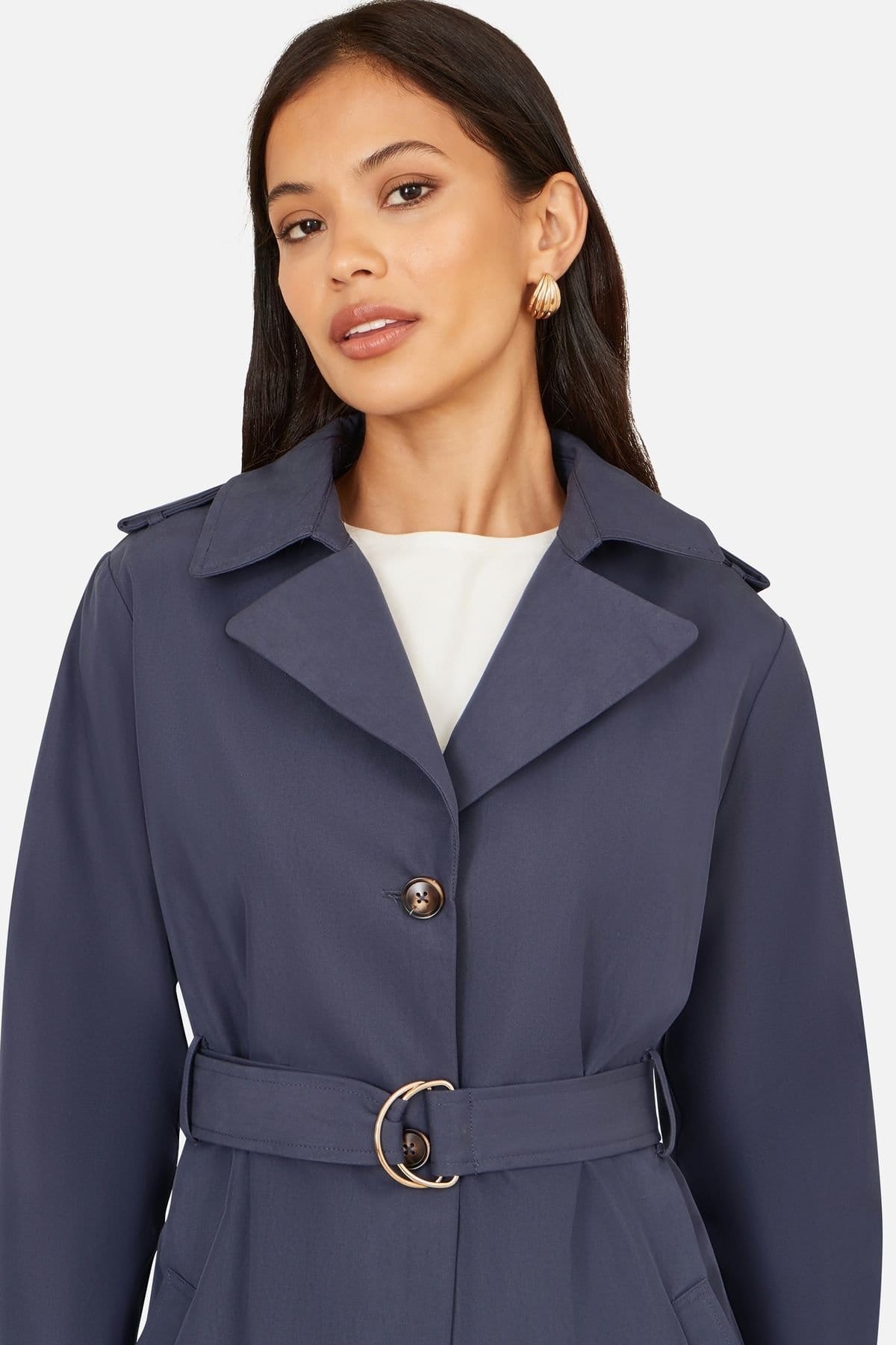Yumi Yumi Women's Navy Belted Long Trench Coat With Belt in Mid Navy - 4