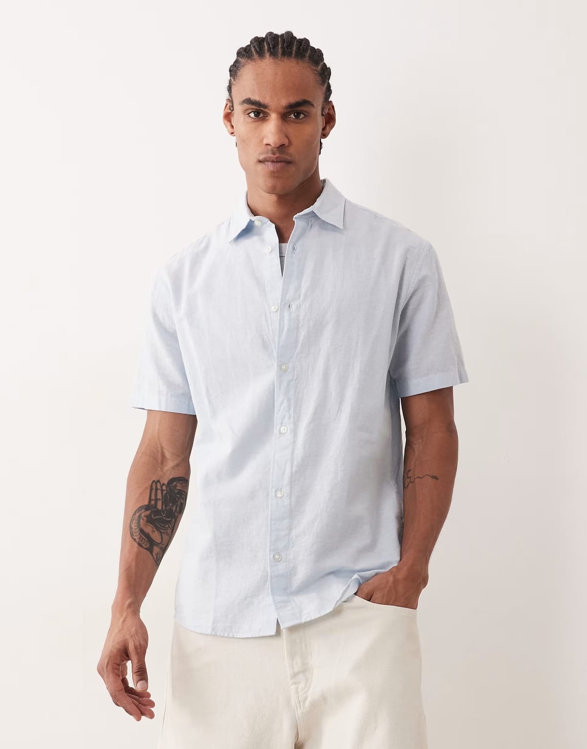 ASOS Jack & Jones short sleeve linen blend shirt in light blue - 1