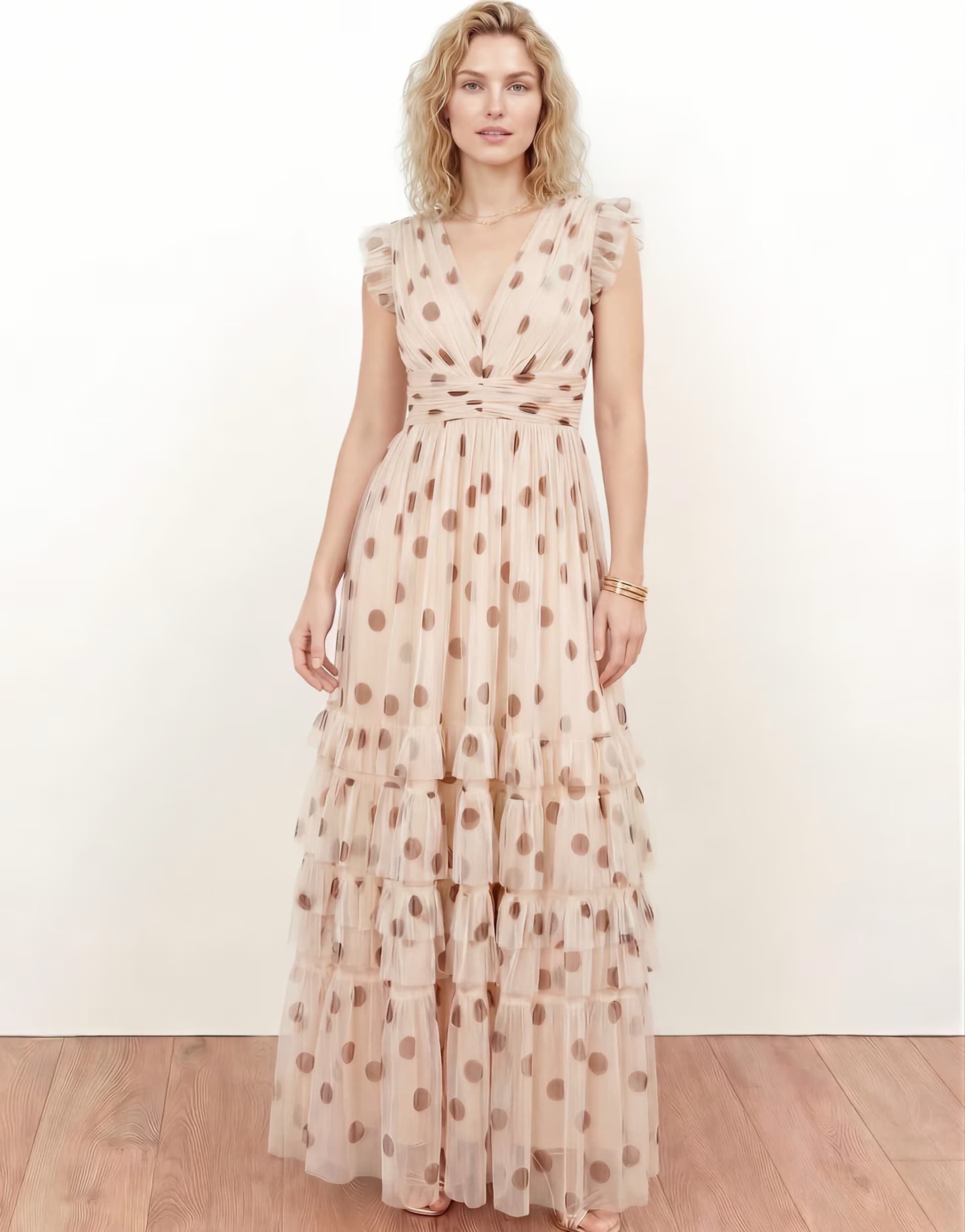 ASOS Anaya Polka dot flutter sleeve ruffle maxi dress in cream