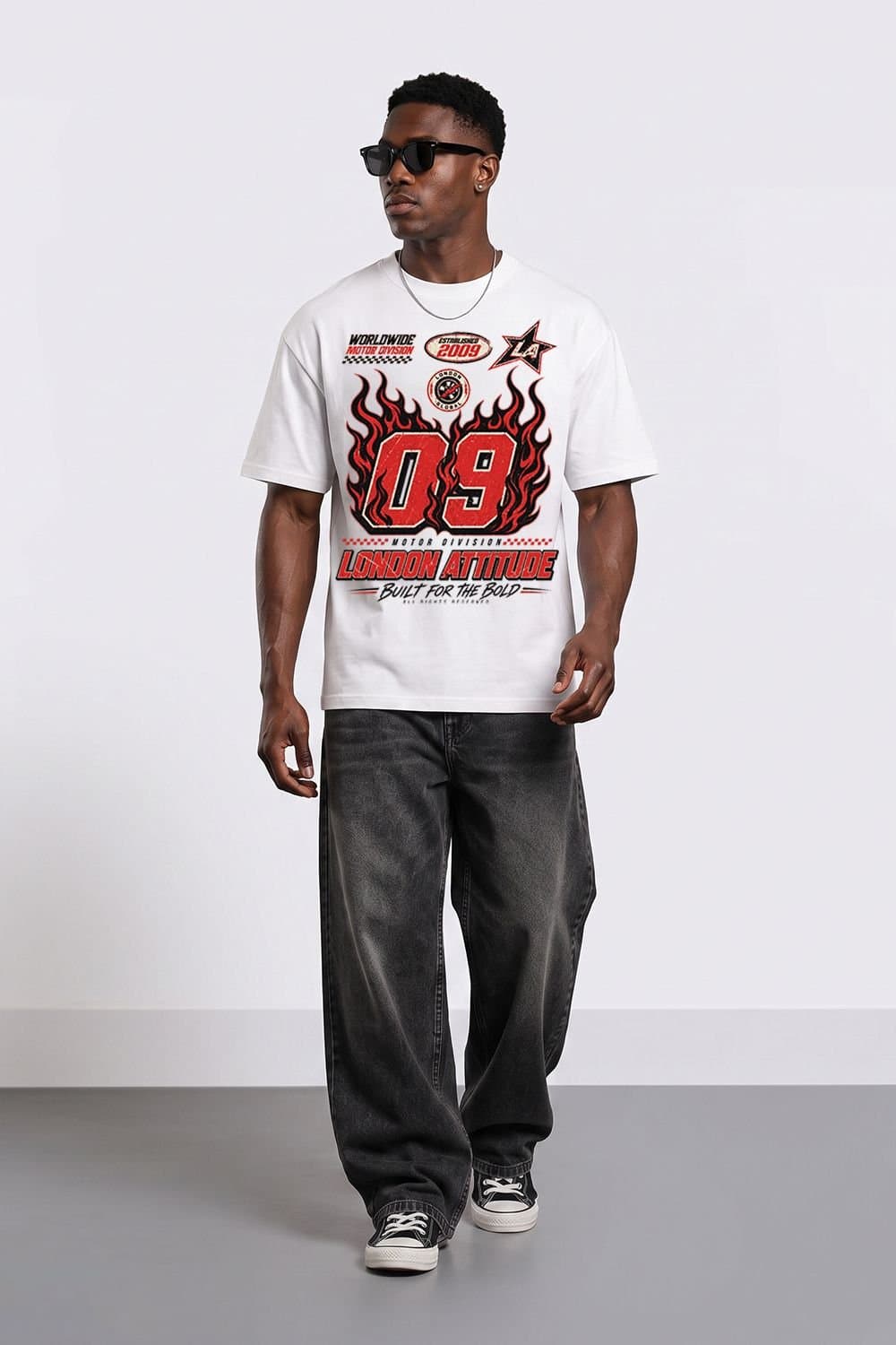 LONDON ATTITUDE LONDON ATTITUDE Men's Racing Oversized Heavyweight Graphic T-Shirt in White