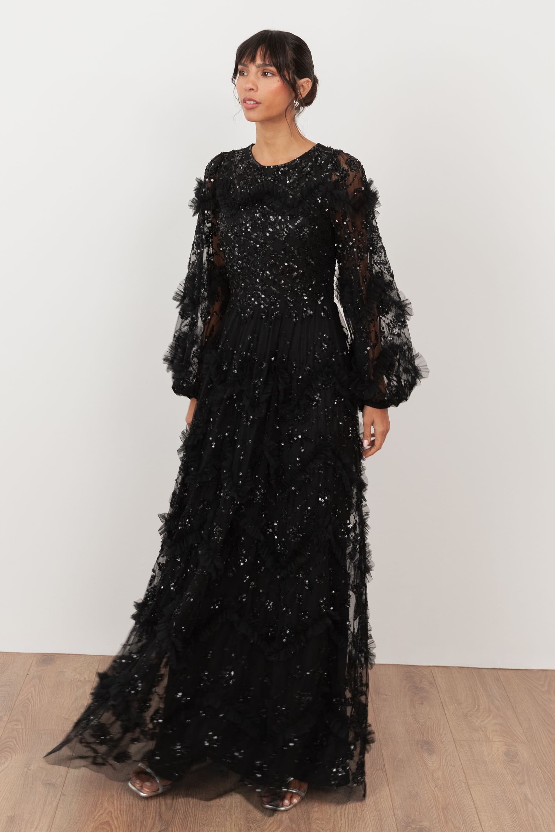 Maya Deluxe Maya Deluxe Women's Embellished Blouson Sleeve Maxi Dress in Black