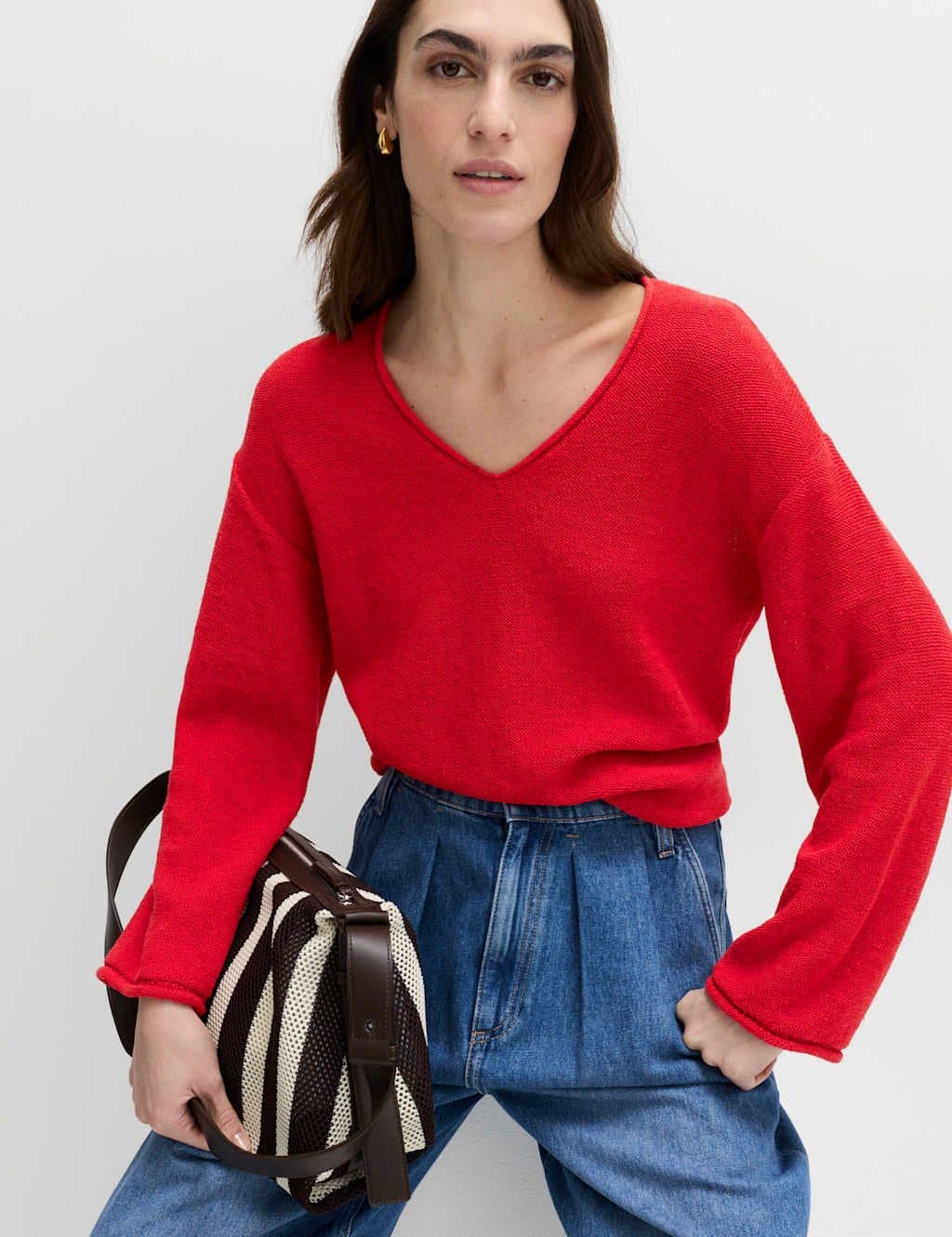 Marks & Spencer M&S Cotton Blend V-Neck Slim Fit Jumper Chilli