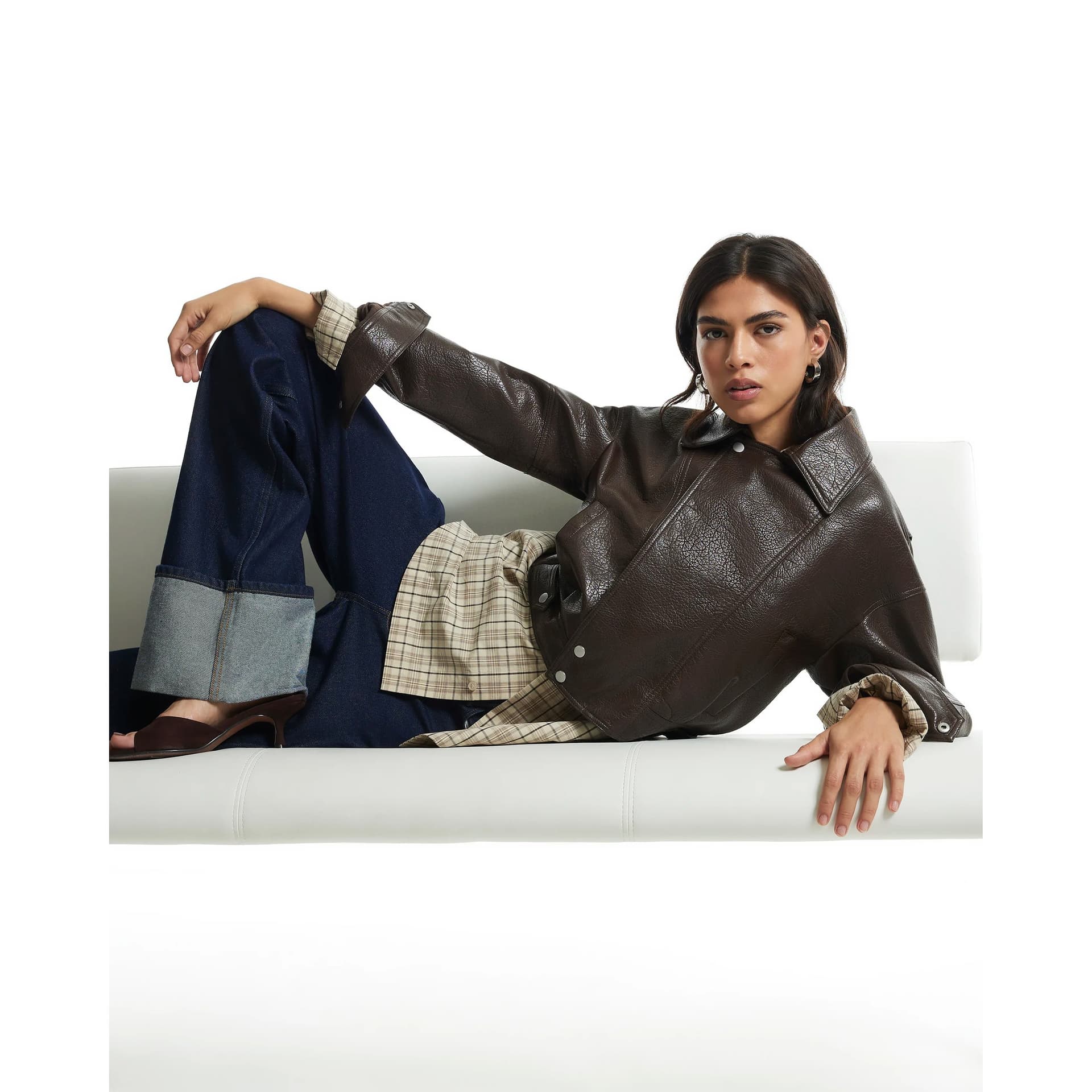 River Island River Island Womens Brown Faux Leather Zip Through Jacket