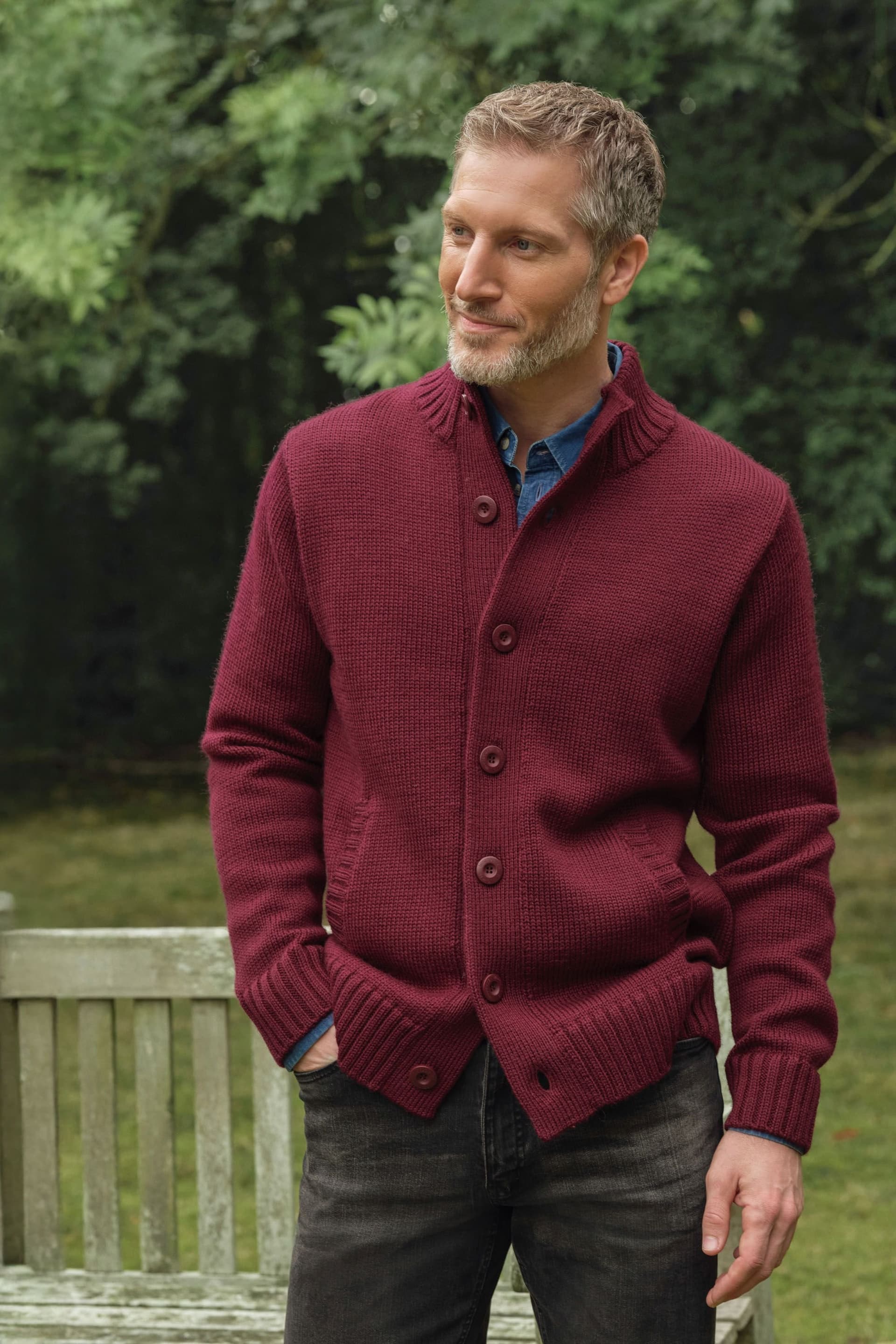 WoolOvers WoolOvers Men's Mens 100% Pure Wool Button Everyday Cardigan in Red