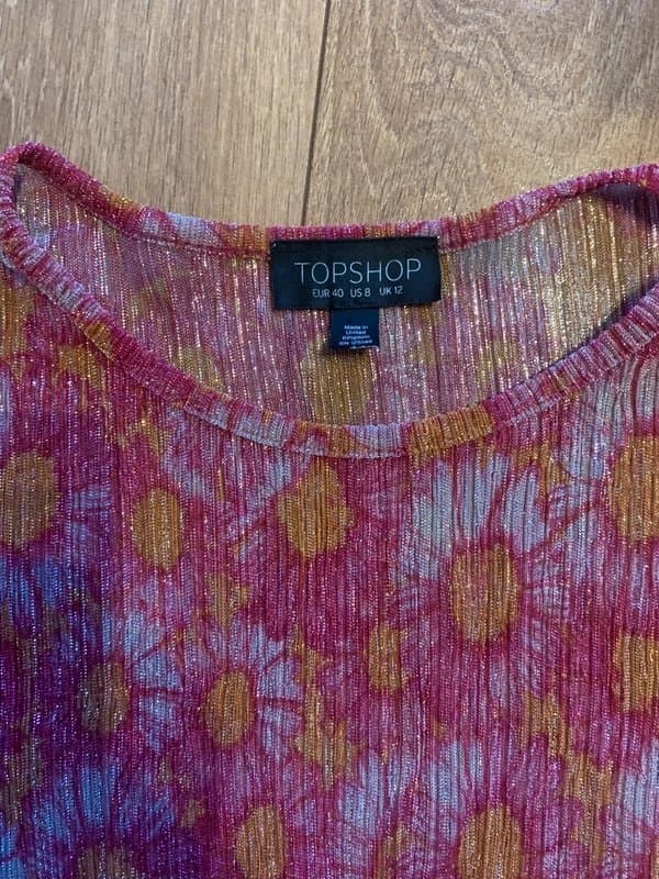 Topshop Pink sparkly flower print sheer top size twelve